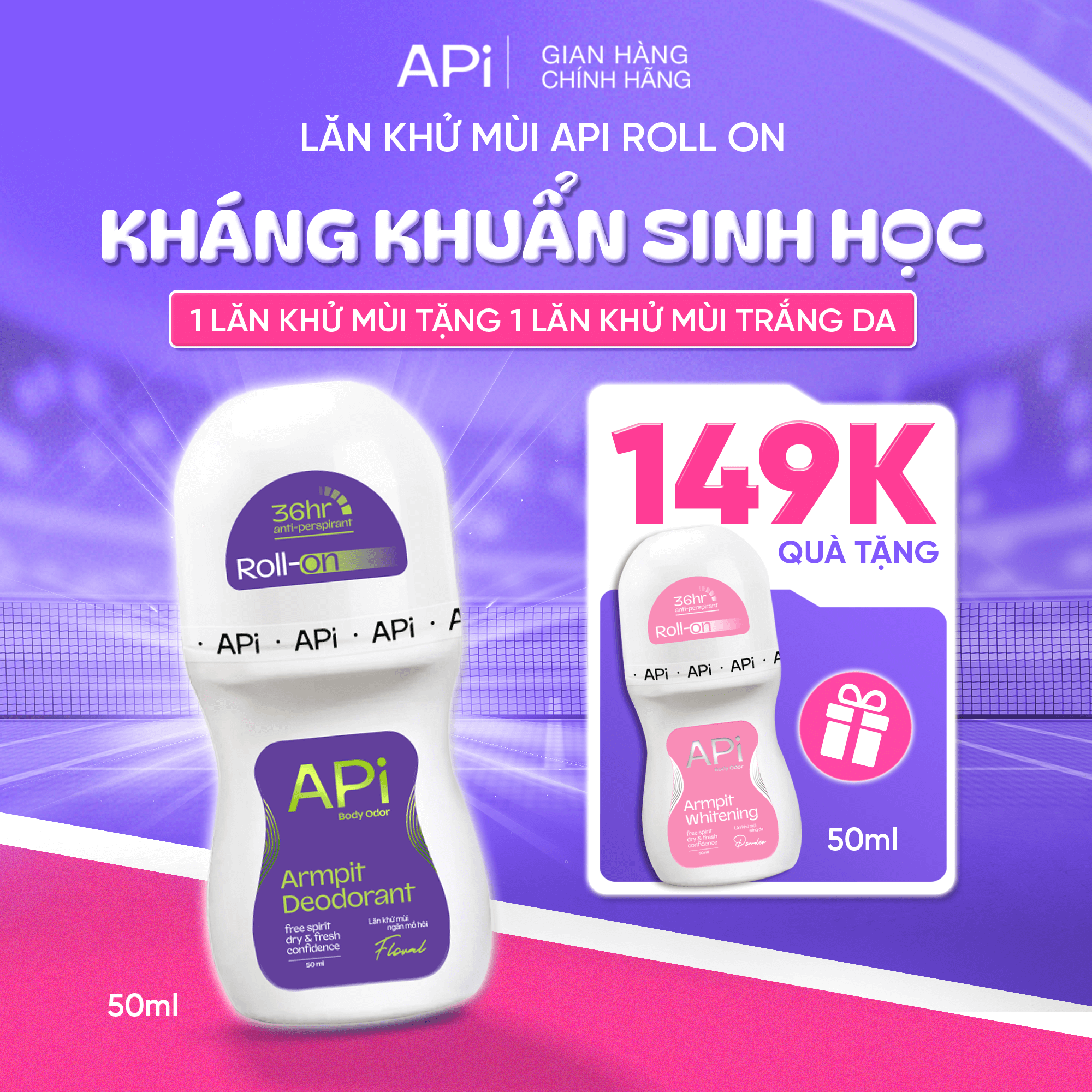 Lăn khử mùi kháng khuẩn sinh học, Lăn Khử mùi API khô thoáng, khử tiết mồ hôi 50ml