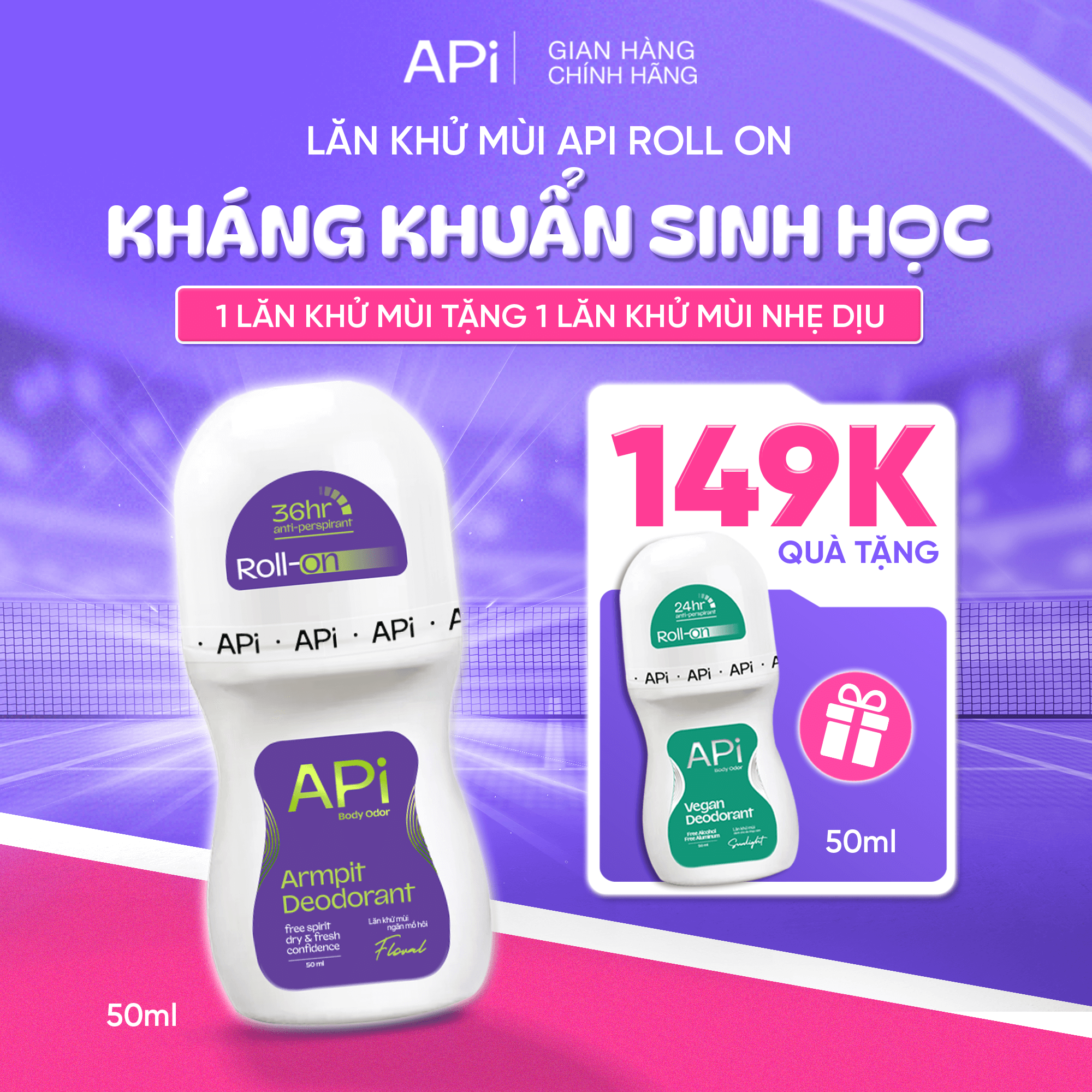 Lăn khử mùi kháng khuẩn sinh học, Lăn Khử mùi API khô thoáng, khử tiết mồ hôi 50ml