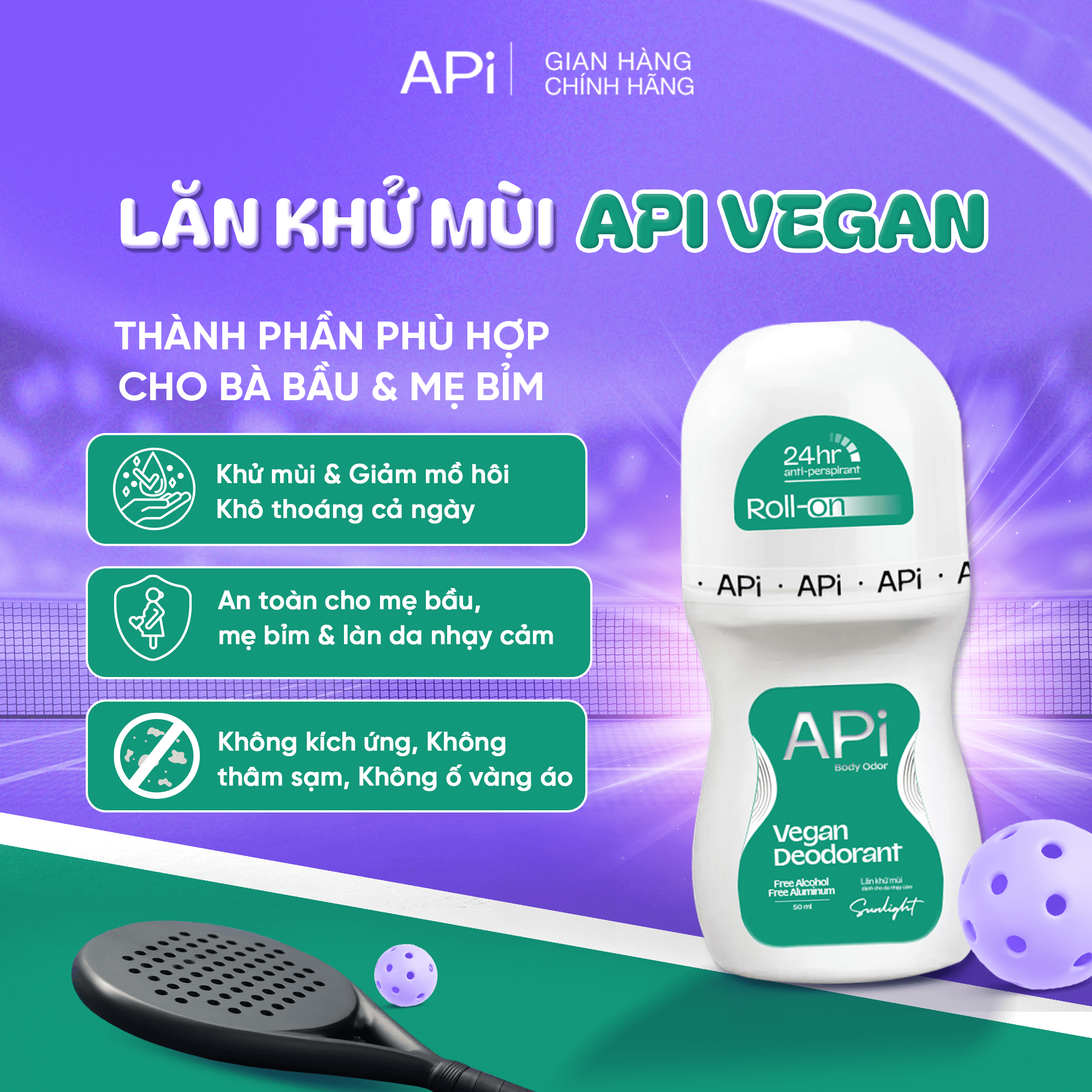 Lăn Khử Mùi API Vegan Deodorant – Dịu Nhẹ Cho Da Nhạy Cảm, Bầu & Mẹ Bỉm (50ml)
