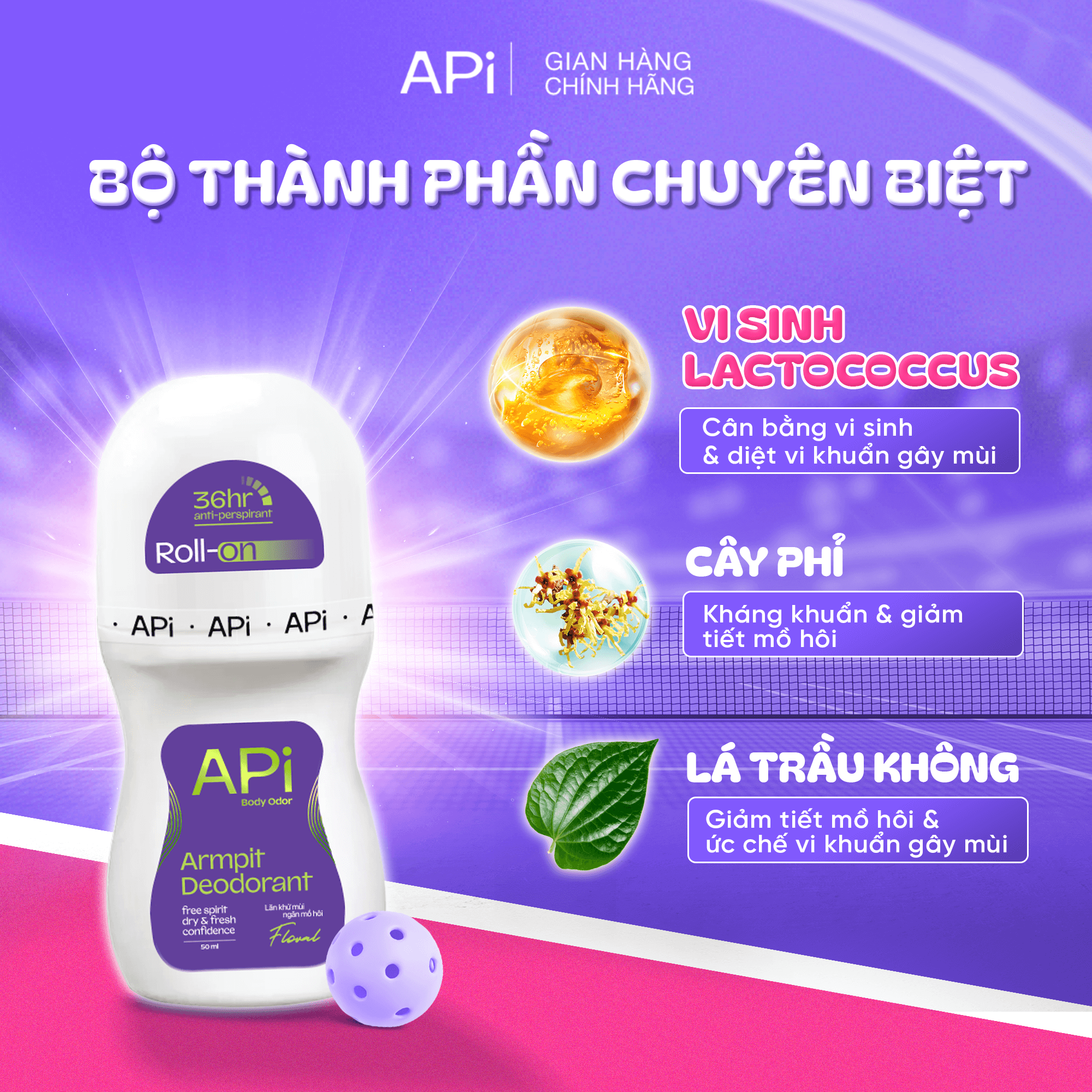 Lăn khử mùi kháng khuẩn sinh học, Lăn Khử mùi API khô thoáng, khử tiết mồ hôi 50ml