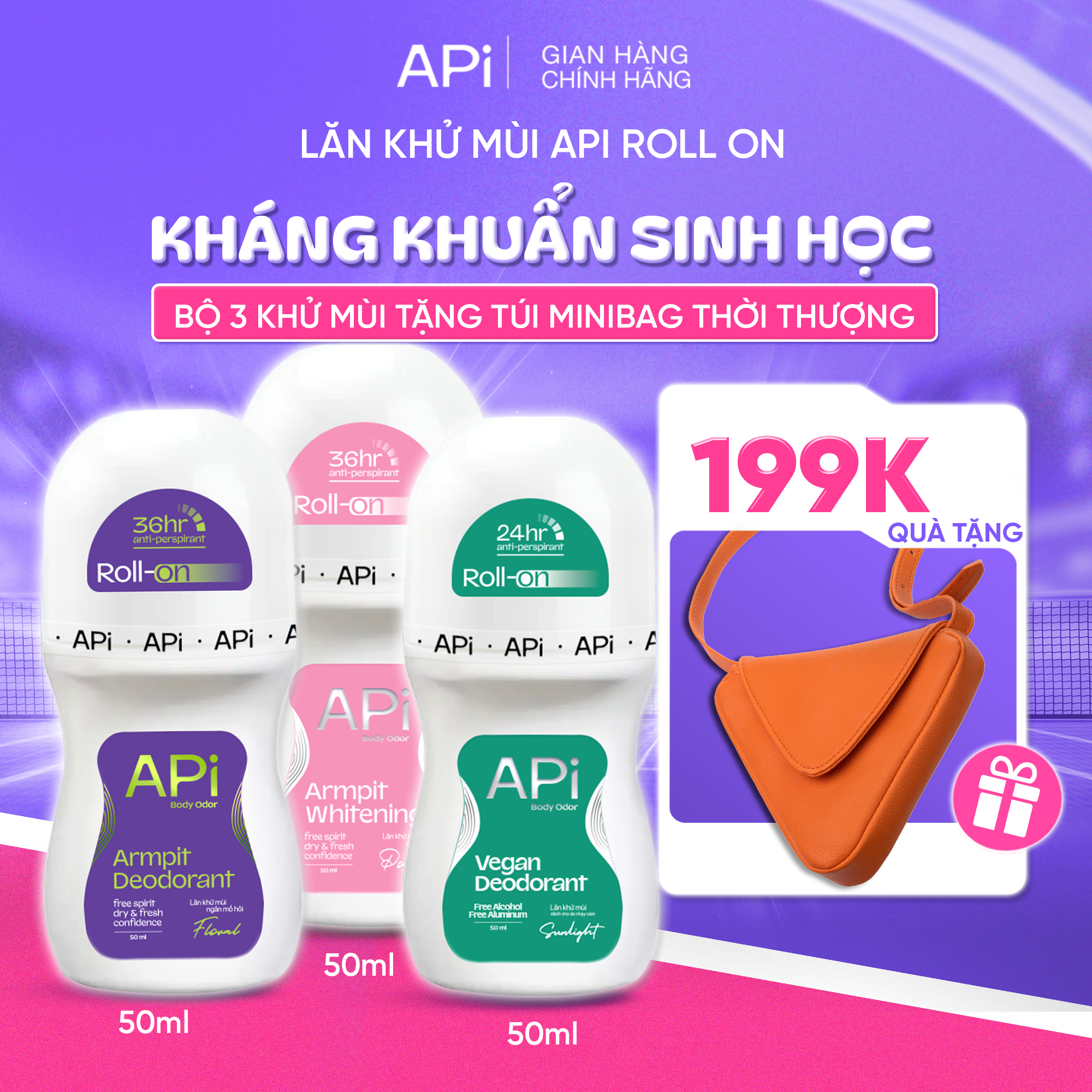 Lăn khử mùi kháng khuẩn sinh học, Lăn Khử mùi API khô thoáng, khử tiết mồ hôi 50ml