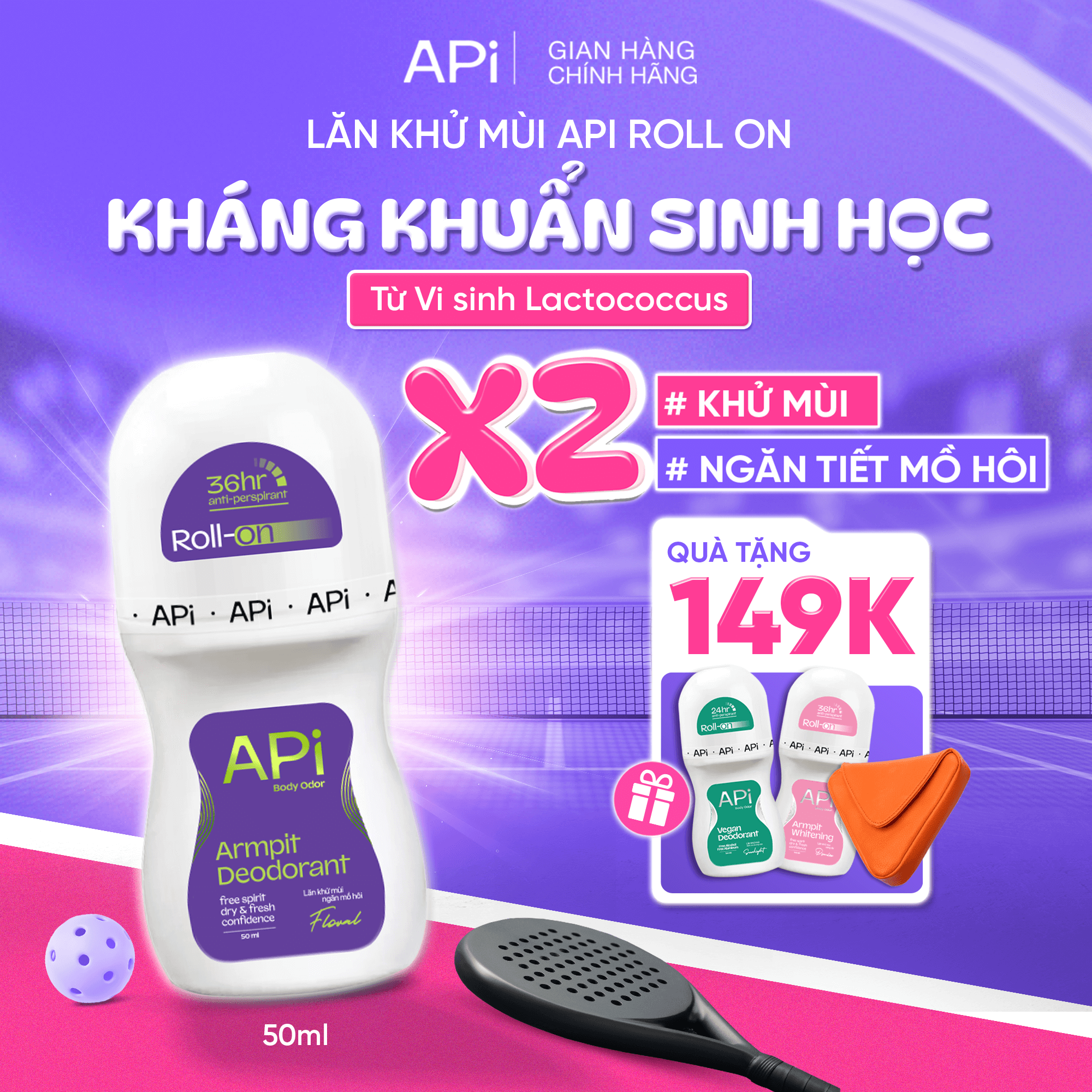 Lăn khử mùi kháng khuẩn sinh học, Lăn Khử mùi API khô thoáng, khử tiết mồ hôi 50ml